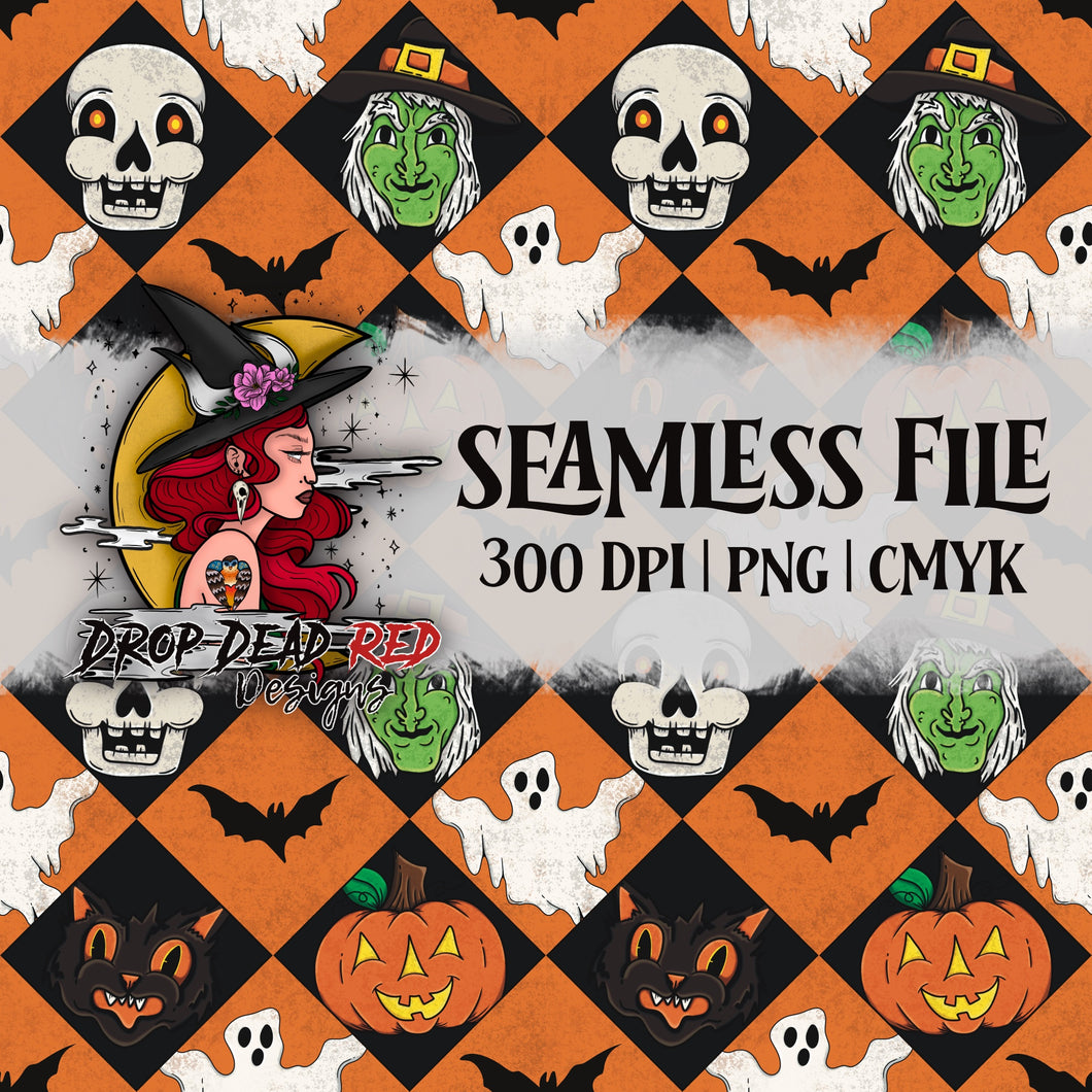 Vintage Halloween Spooky Friends -Orange - Seamless Digital File