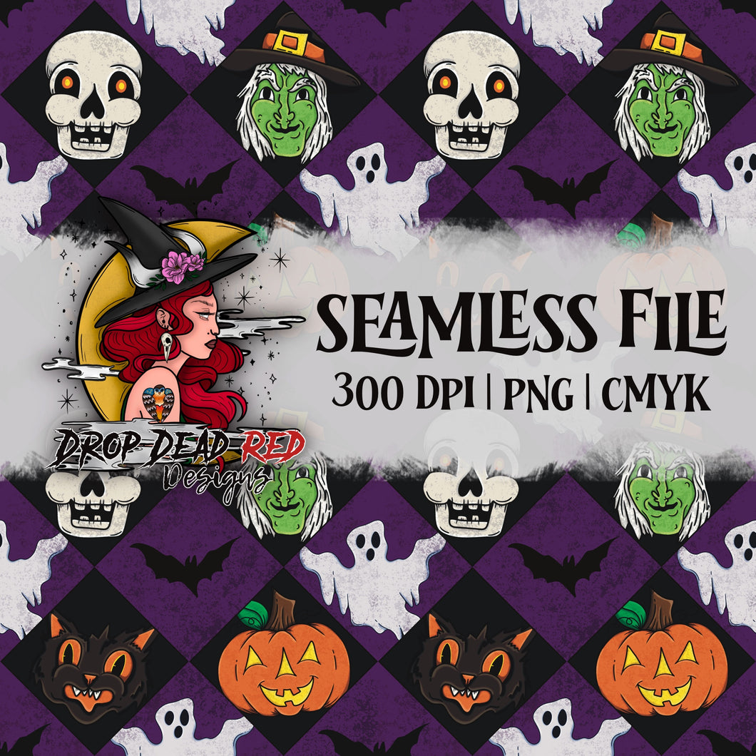 Vintage Halloween Spooky Friends - Purple - Seamless Digital File